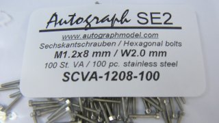 Stainless steel hexagonal model screw, M1,2 x 8 mm (SW 2,0 mm) - pack of 100 pcs